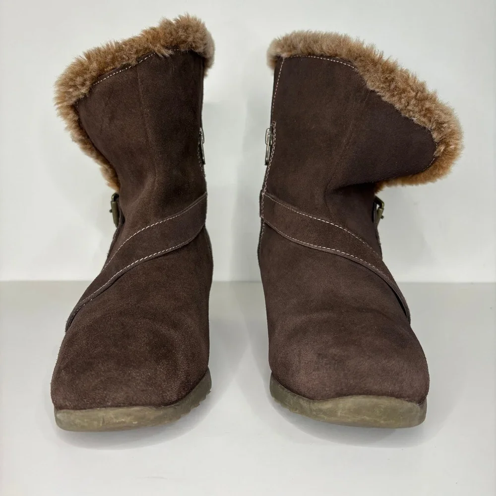 Sporto Womens Nubuck Faux Fur Collar Wedge Ankle Boots Size 9.5M Brown Cozy Boho